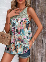 Casual lace paneled sleeveless round neck printed top - 808Lush