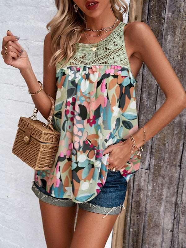 Casual lace paneled sleeveless round neck printed top - 808Lush