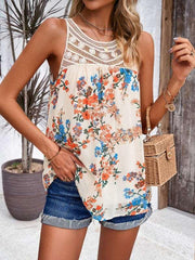 Casual lace paneled sleeveless round neck printed top - 808Lush