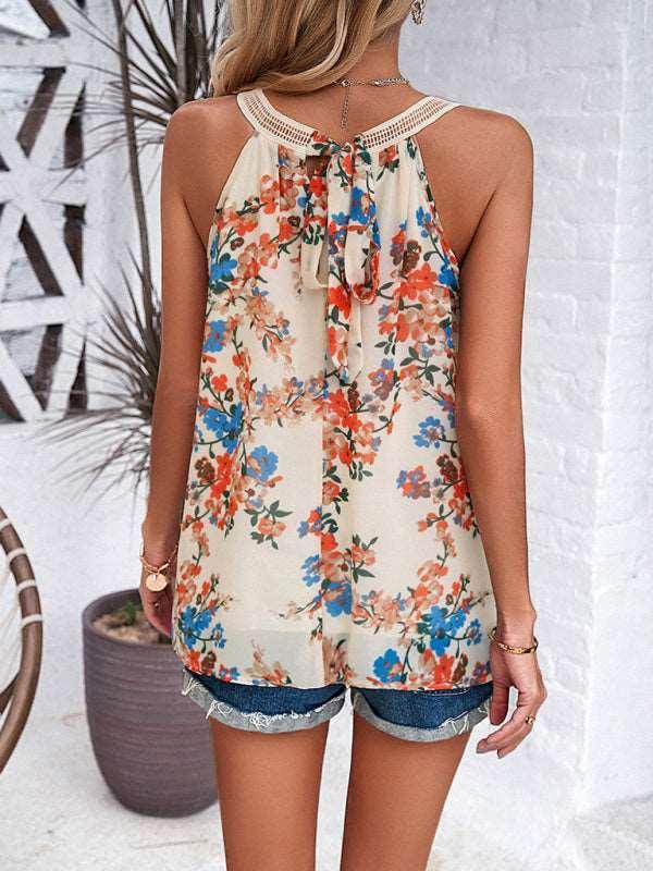 Casual lace paneled sleeveless round neck printed top - 808Lush