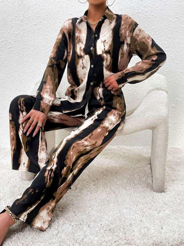 Casual printed suit long-sleeved tops and trousers two pieces set - 808Lush