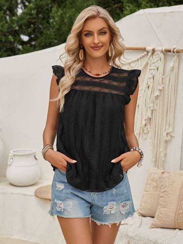 Casual solid color lace slim fit small flying sleeve top - 808Lush