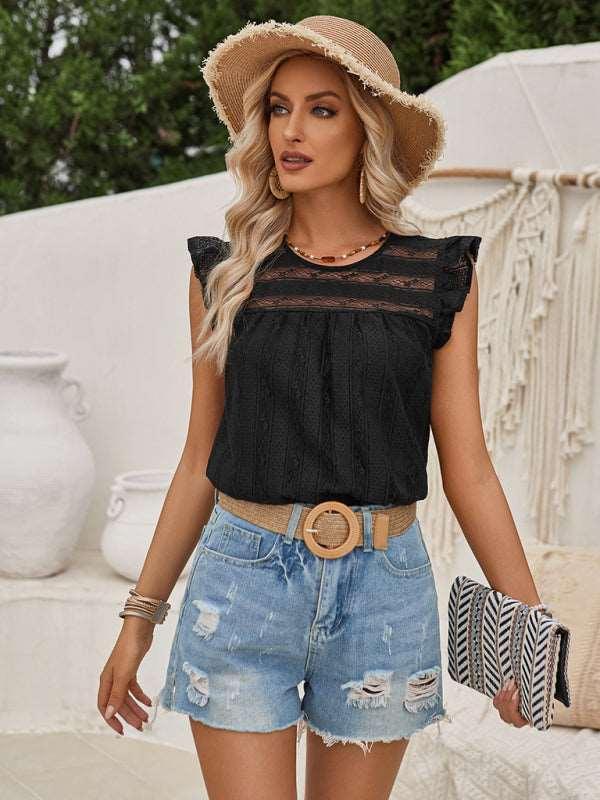 Casual solid color lace slim fit small flying sleeve top - 808Lush