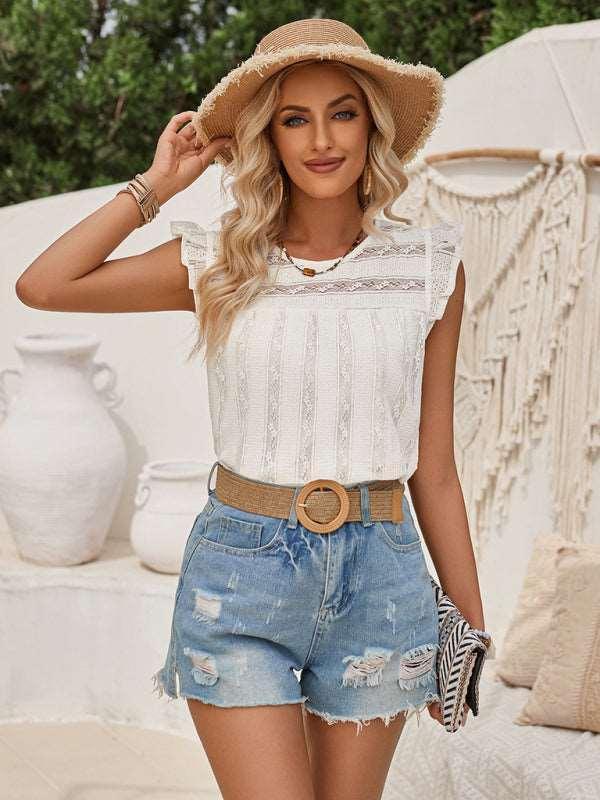 Casual solid color lace slim fit small flying sleeve top - 808Lush