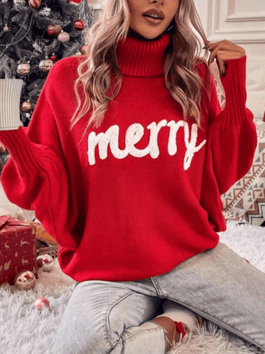 Christmas Autumn and Winter Loose Batman Sleeve Letter Knitted Sweater Women's Top - 808Lush