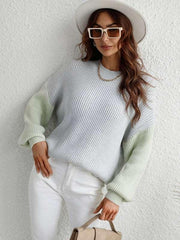 Crew Neck Knit Long Sleeve Striped Loose Sweater - 808Lush