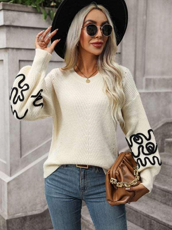 Fashion Ladies Pullover Knitwear Solid Color Pattern Sweater - 808Lush