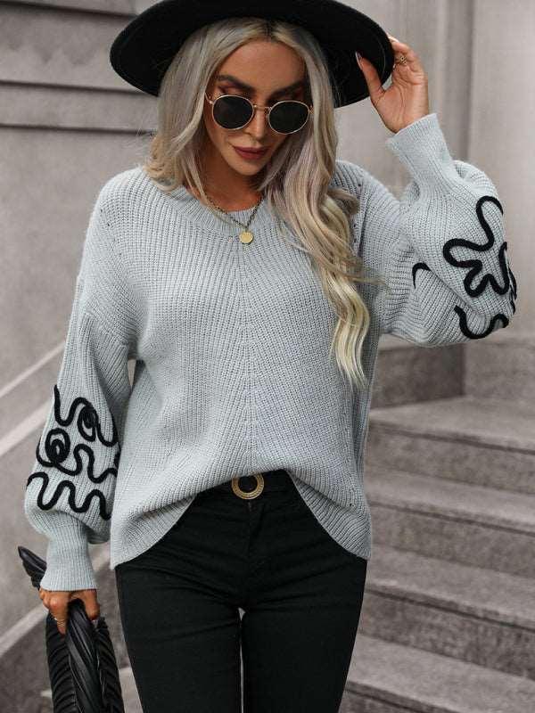 Fashion Ladies Pullover Knitwear Solid Color Pattern Sweater - 808Lush