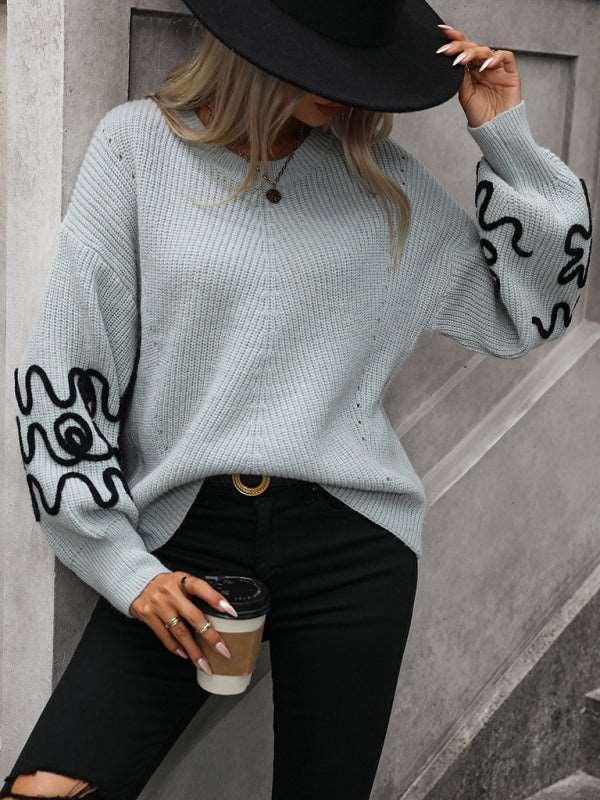 Fashion Ladies Pullover Knitwear Solid Color Pattern Sweater - 808Lush