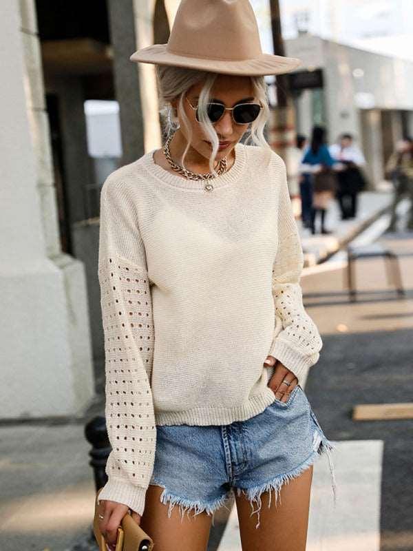 Fashion Thin Cutout Long Sleeve White Knit Sweater - 808Lush