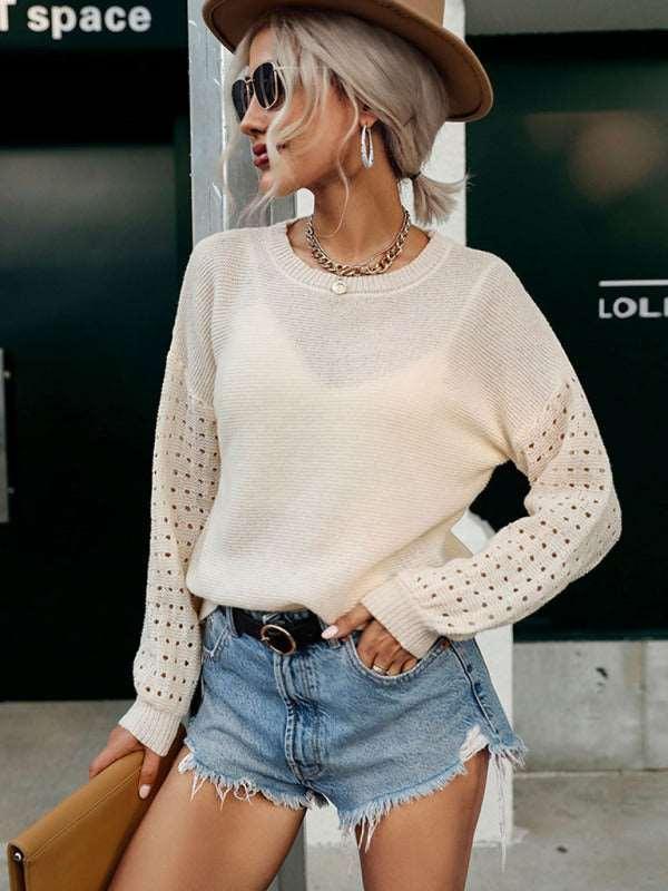 Fashion Thin Cutout Long Sleeve White Knit Sweater - 808Lush