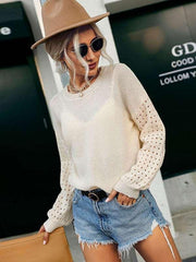 Fashion Thin Cutout Long Sleeve White Knit Sweater - 808Lush