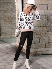 Fashion Women's Long Sleeve Leopard V-Neck Sweater - 808Lush