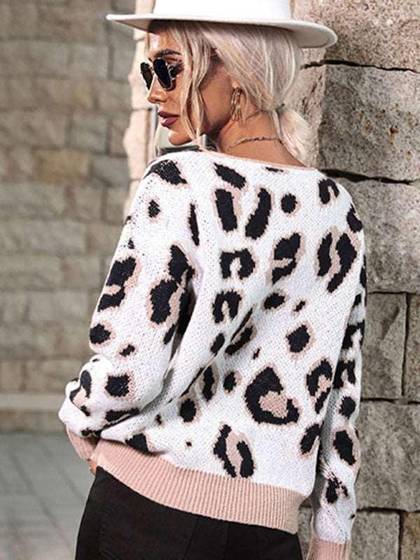 Fashion Women's Long Sleeve Leopard V-Neck Sweater - 808Lush