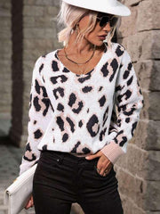 Fashion Women's Long Sleeve Leopard V-Neck Sweater - 808Lush