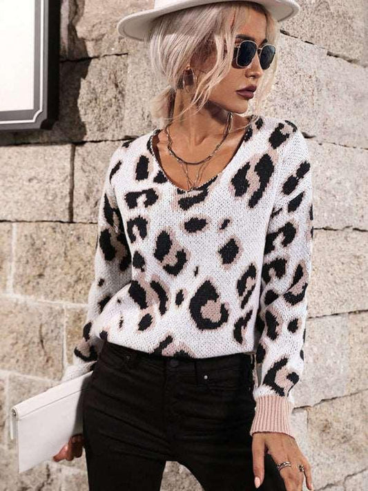 Fashion Women's Long Sleeve Leopard V-Neck Sweater - 808Lush