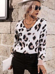 Fashion Women's Long Sleeve Leopard V-Neck Sweater - 808Lush