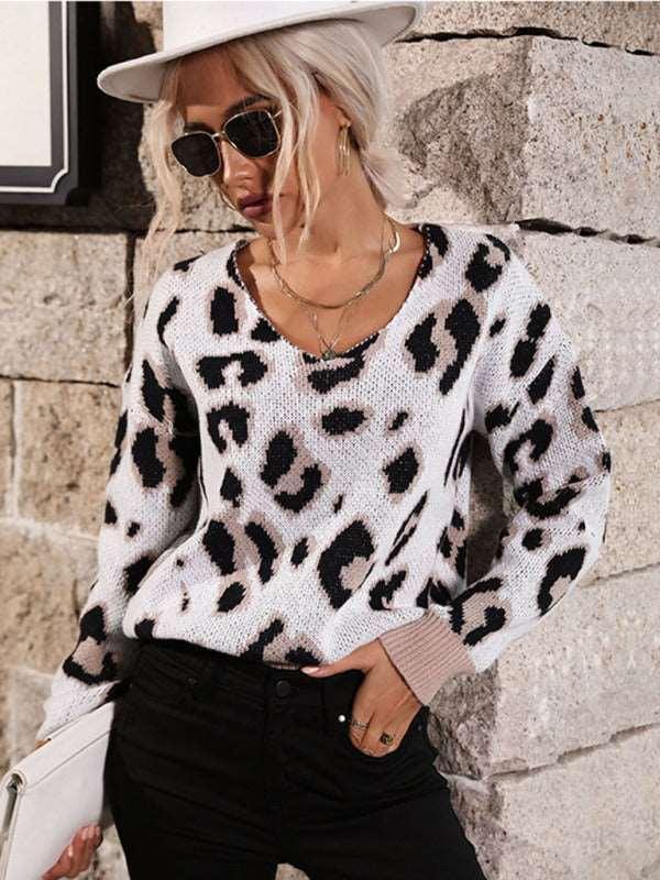 Fashion Women's Long Sleeve Leopard V-Neck Sweater - 808Lush