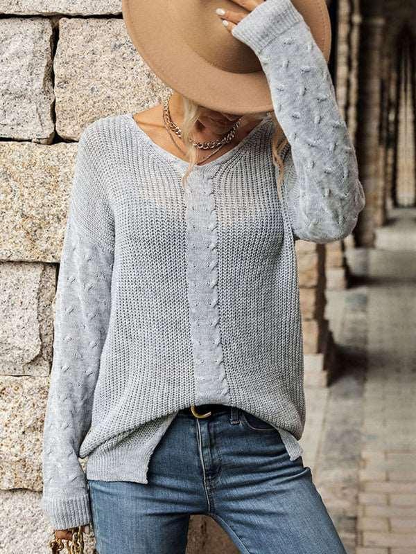 Fashion Women's V-Neck Twist Long Sleeve Grey Sweater - 808Lush