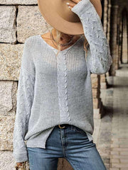 Fashion Women's V-Neck Twist Long Sleeve Grey Sweater - 808Lush