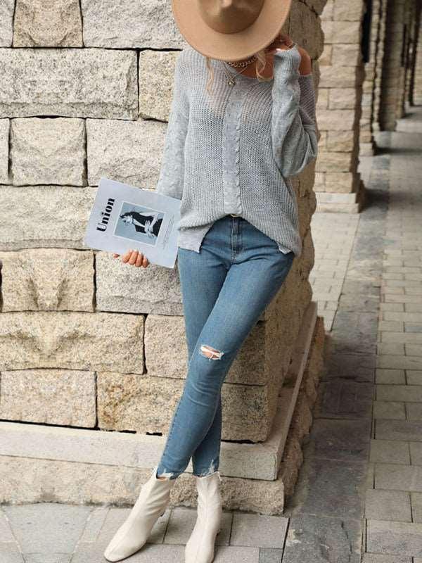 Fashion Women's V-Neck Twist Long Sleeve Grey Sweater - 808Lush