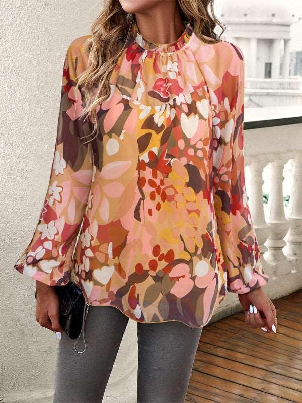 Feminine Casual Printed Round Neck Long Sleeve Top - 808Lush