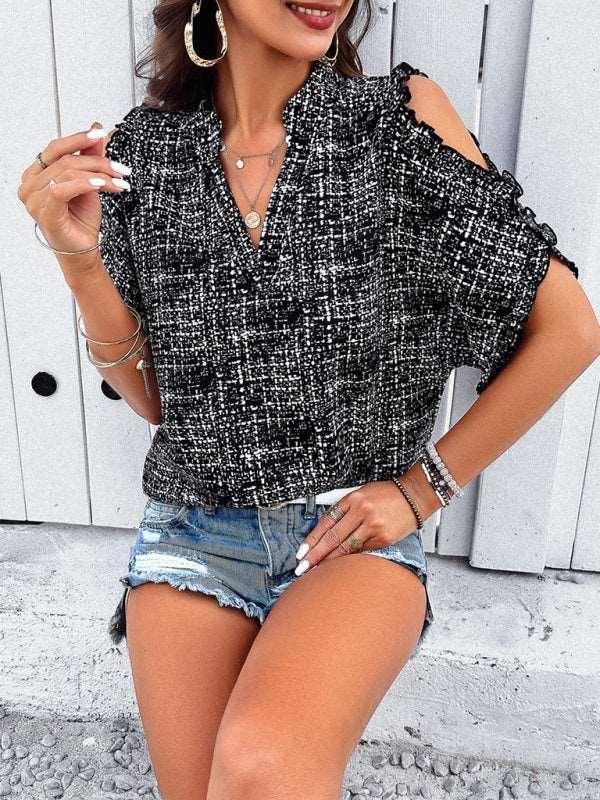 Feminine casual V-neck off-the-shoulder top blouse - 808Lush