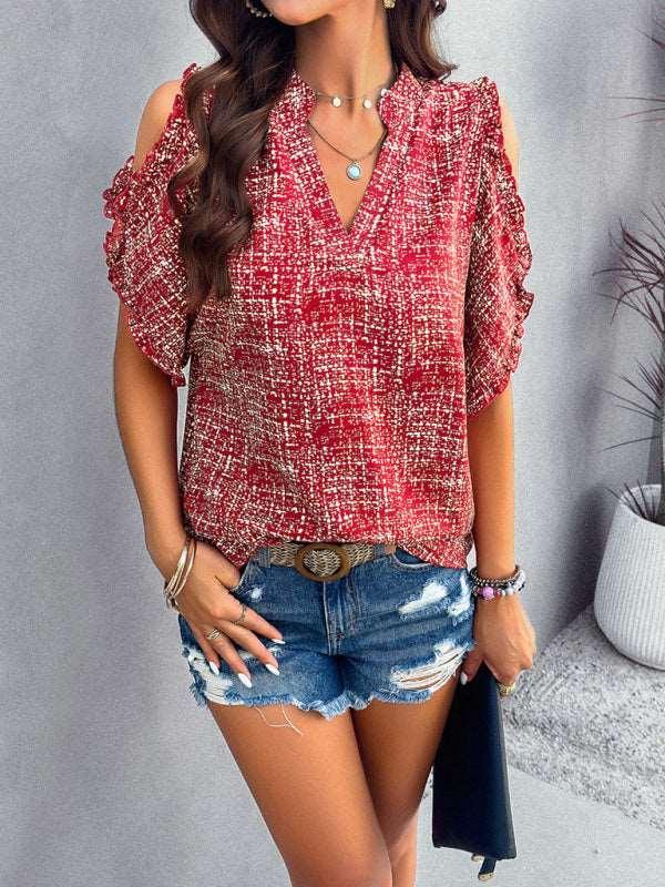 Feminine casual V-neck off-the-shoulder top blouse - 808Lush