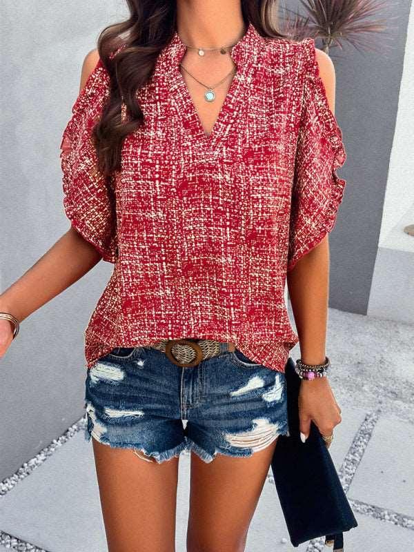 Feminine casual V-neck off-the-shoulder top blouse - 808Lush