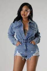 High Elasticity Ripped Tassel Loose Wash Denim Romper - 808Lush