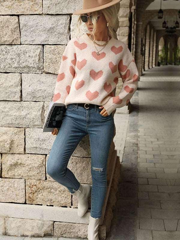 Knit Casual Heart Long Sleeve Pink Sweater - 808Lush