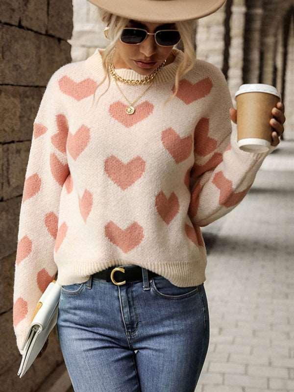 Knit Casual Heart Long Sleeve Pink Sweater - 808Lush