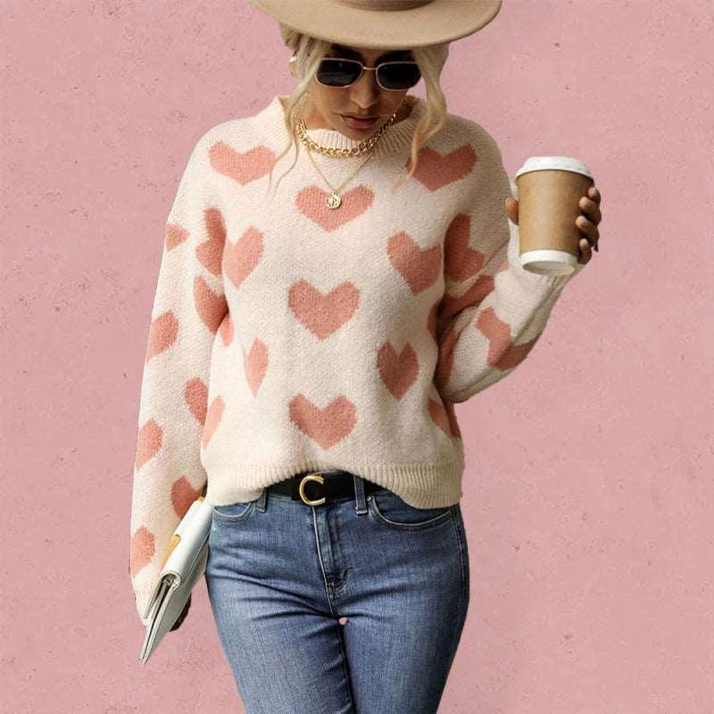 Knit Casual Heart Long Sleeve Pink Sweater - 808Lush