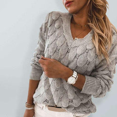 Knitted feather hollow V-neck long-sleeved solid color top - 808Lush