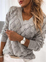 Knitted feather hollow V-neck long-sleeved solid color top - 808Lush