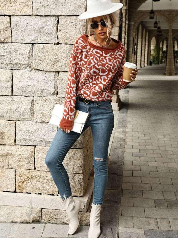 Ladies Casual Fashion Jacquard Long Sleeve Leopard Sweater - 808Lush