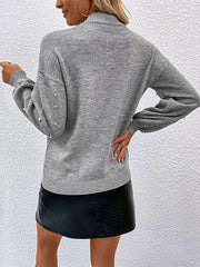 Long sleeve solid color beaded loose pullover sweater - 808Lush