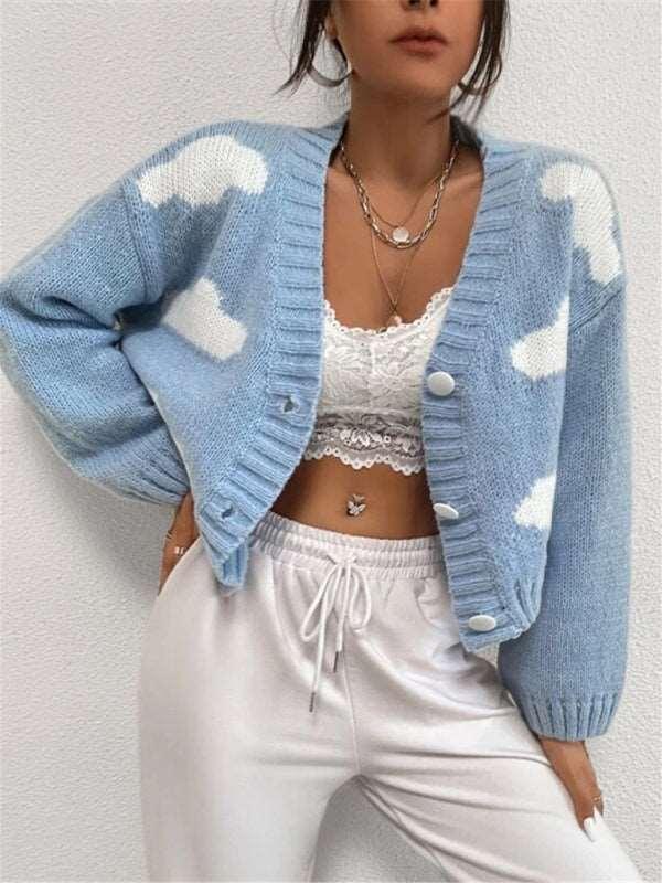 Loose V-neck cloud drop shoulder knitted cardigan three-button sweater short coat - 808Lush