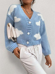 Loose V-neck cloud drop shoulder knitted cardigan three-button sweater short coat - 808Lush