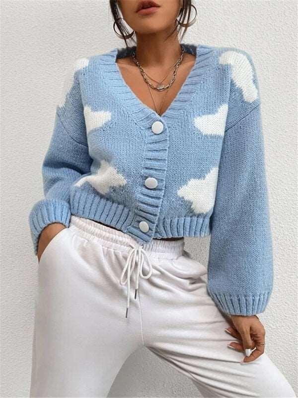 Loose V-neck cloud drop shoulder knitted cardigan three-button sweater short coat - 808Lush