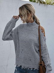 Loose off shoulder hole long sleeve high neck autumn knitted sweater for women - 808Lush