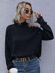 Loose off shoulder hole long sleeve high neck autumn knitted sweater for women - 808Lush