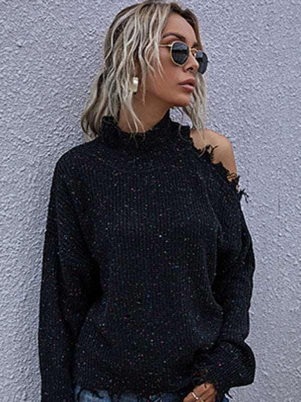 Loose off shoulder hole long sleeve high neck autumn knitted sweater for women - 808Lush