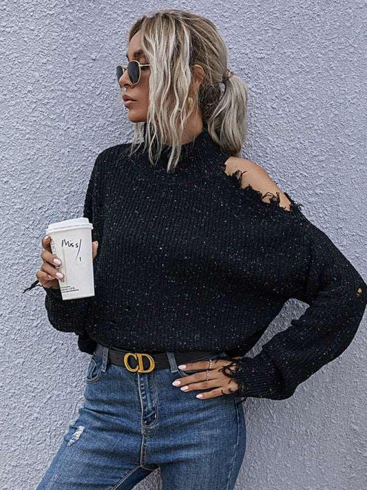 Loose off shoulder hole long sleeve high neck autumn knitted sweater for women - 808Lush