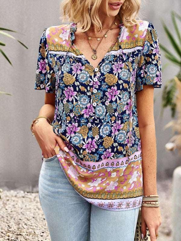 Ladies Casual Bohemian Printed Shirt Top - 808Lush