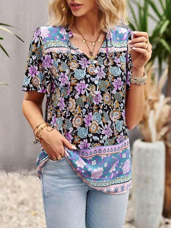 Ladies Casual Bohemian Printed Shirt Top - 808Lush