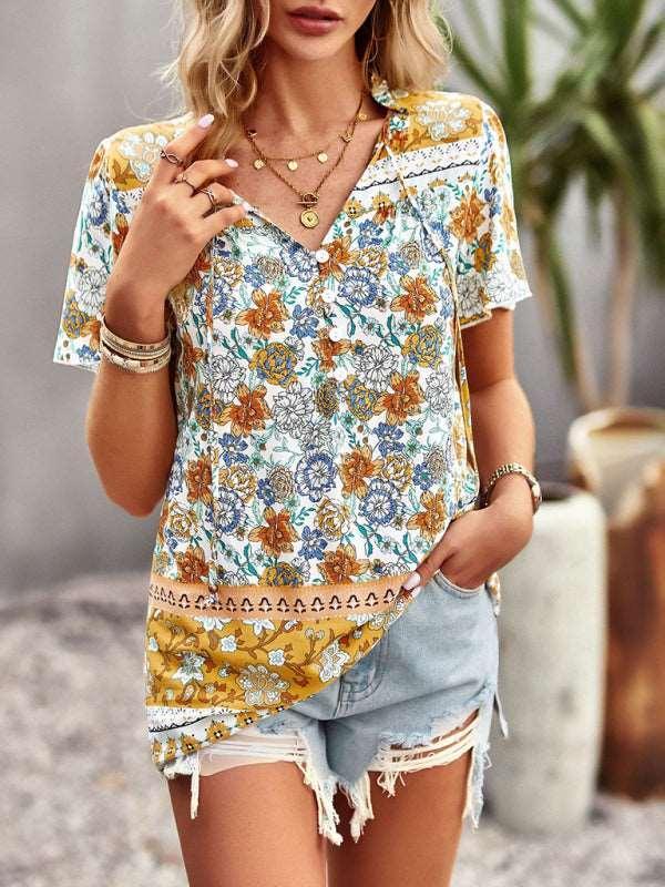 Ladies Casual Bohemian Printed Shirt Top - 808Lush