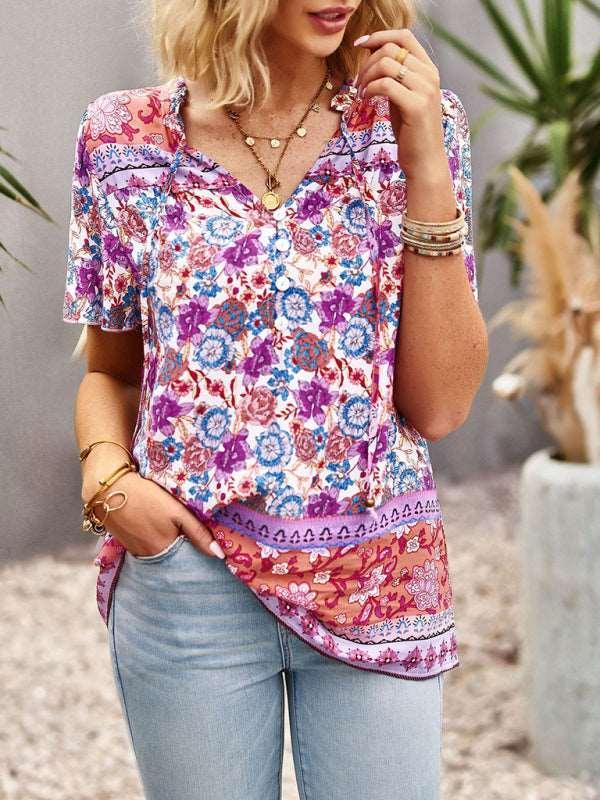 Ladies Casual Bohemian Printed Shirt Top - 808Lush