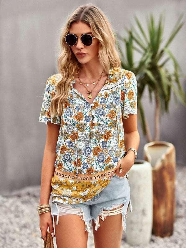 Ladies Casual Bohemian Printed Shirt Top - 808Lush