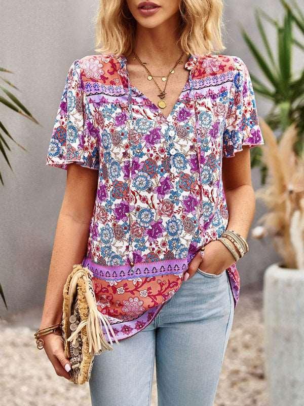 Ladies Casual Bohemian Printed Shirt Top - 808Lush